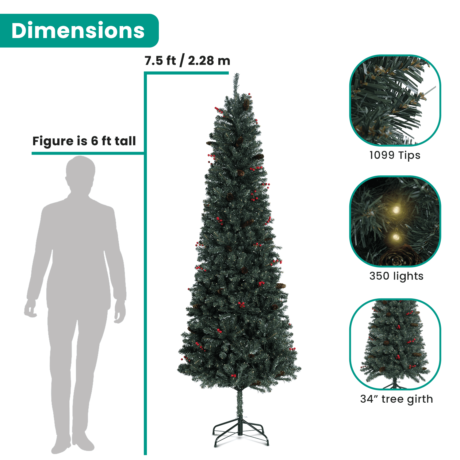 7.5ft Pencil Christmas Tree with Lights, Slim Christmas Tree Prelit with 1099 Branch Tips, 350 Warm Lights and Metal Stand by Homestock