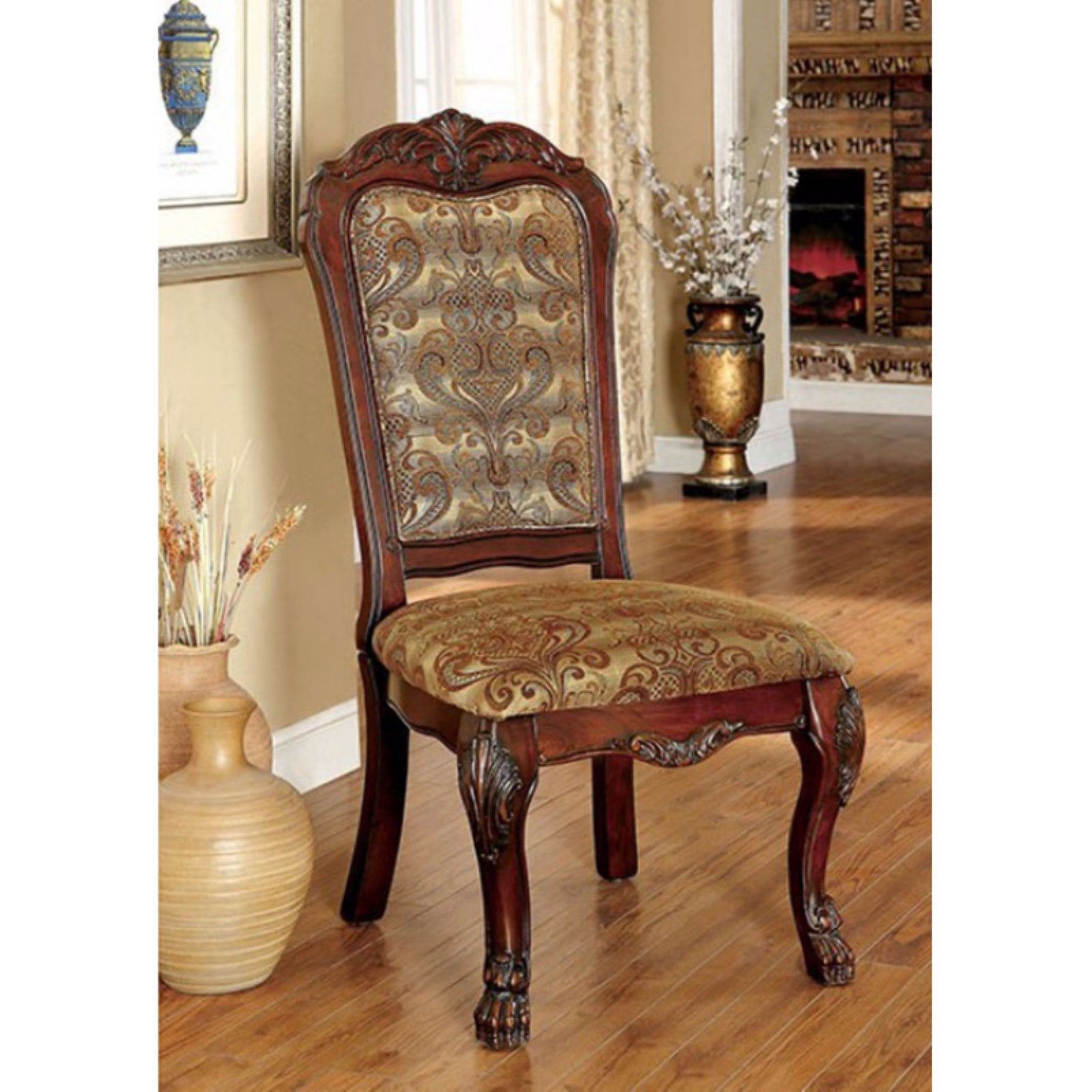 Benzara Fabric Padded Side Chairs with Wooden Claw Feet, Set of 2, Cherry Brown