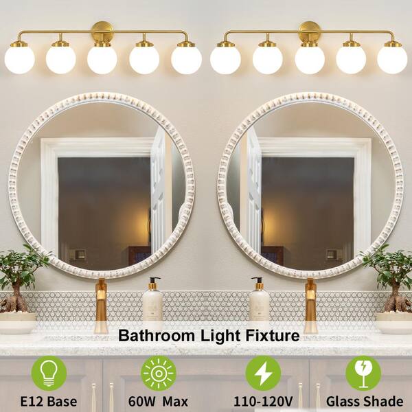 38.98 in. 5-Light Gold Bathroom Vanity Light with Opal Glass Shades, Bulbs not Included
