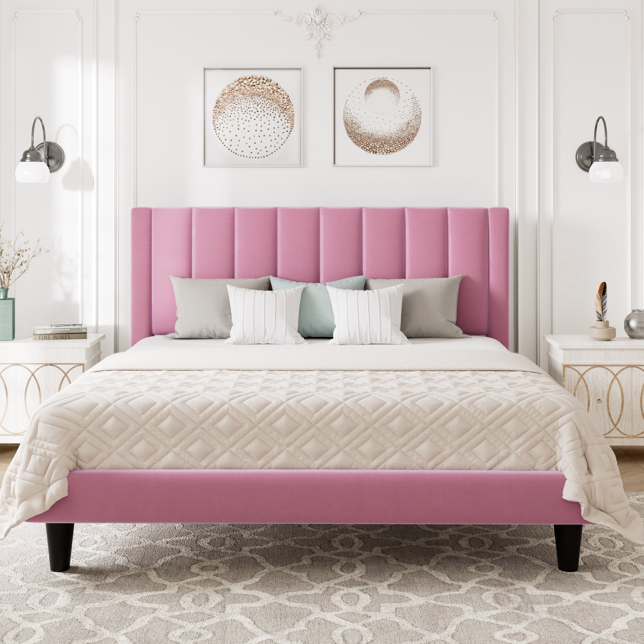 Allewie Queen Velvet Upholstered Bed Frame with Vertical Channel Tufted Headboard, Light Pink