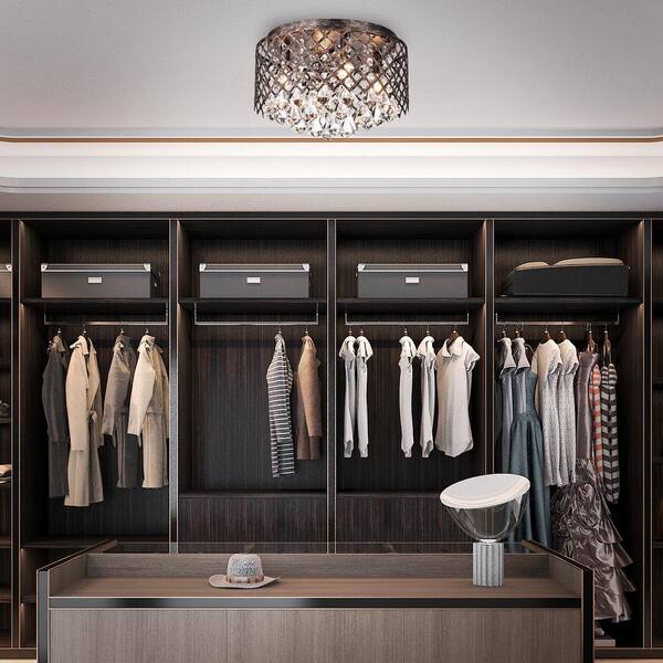 Clara 4-Lights Antique Copper Glam Flush Mount with Lattice Drum Shade and Clear Glass Hanging Crystals