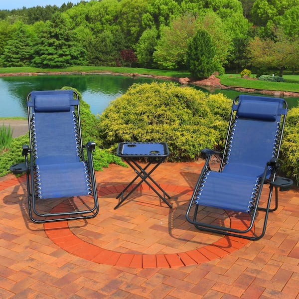 Zero Gravity Navy Blue Sling Beach Chairs with Side Table (Set of 2)