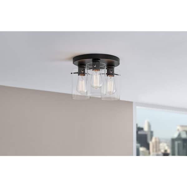 Regan 11.75 in. 3-Light Matte Black Flush Mount with Clear Glass Shades