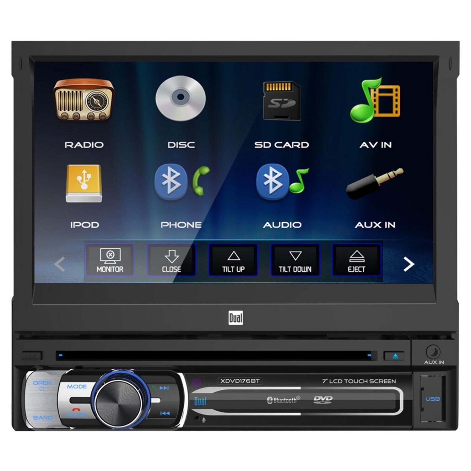 Dual Electronics XDVD176BT 7-Inch LED Backlit LCD Multimedia Retractable and Detachable Touch Screen Single Din Car Stereo with Built-In Bluetooth, iPlug, CD/DVD Player and USB/microSD Ports