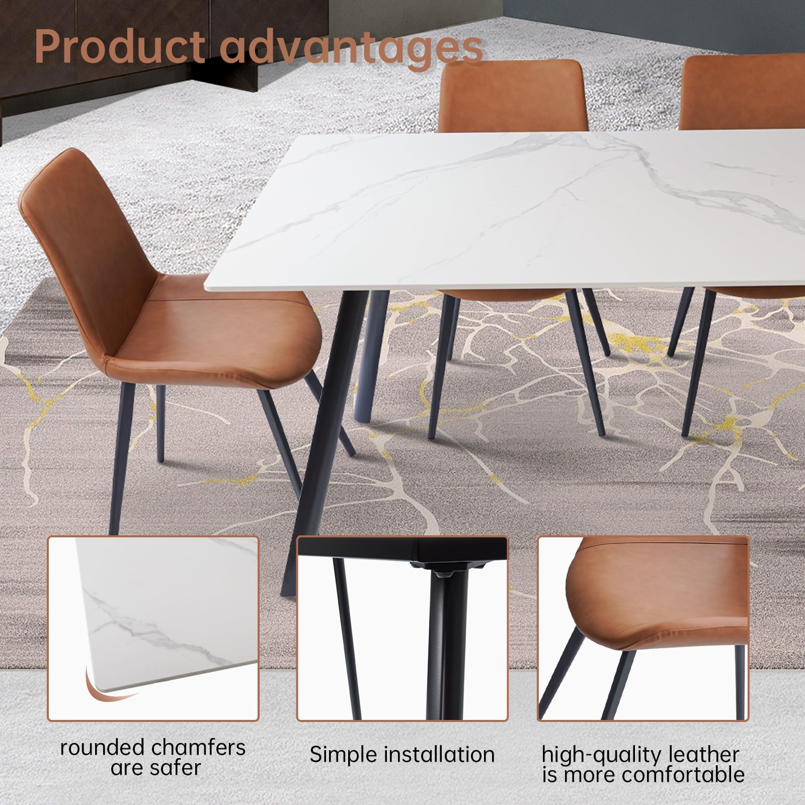 7 Piece Dining Table Sets,Stable Sintered Stone & Leather Modern Dining Chairs Set of 6, Round Corners (1Table with 6 Brown Chairs)