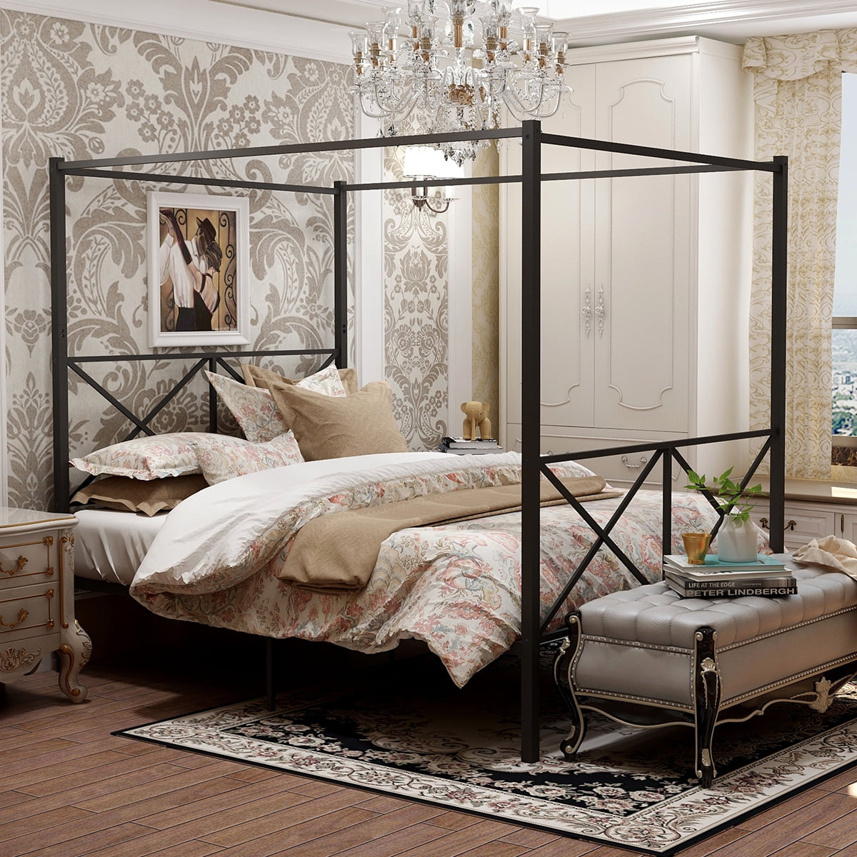 Metal Canopy Bed Frame, Platform Bed Frame with Headboard and Foot board, X Shaped Steel Frame(Full, Black)