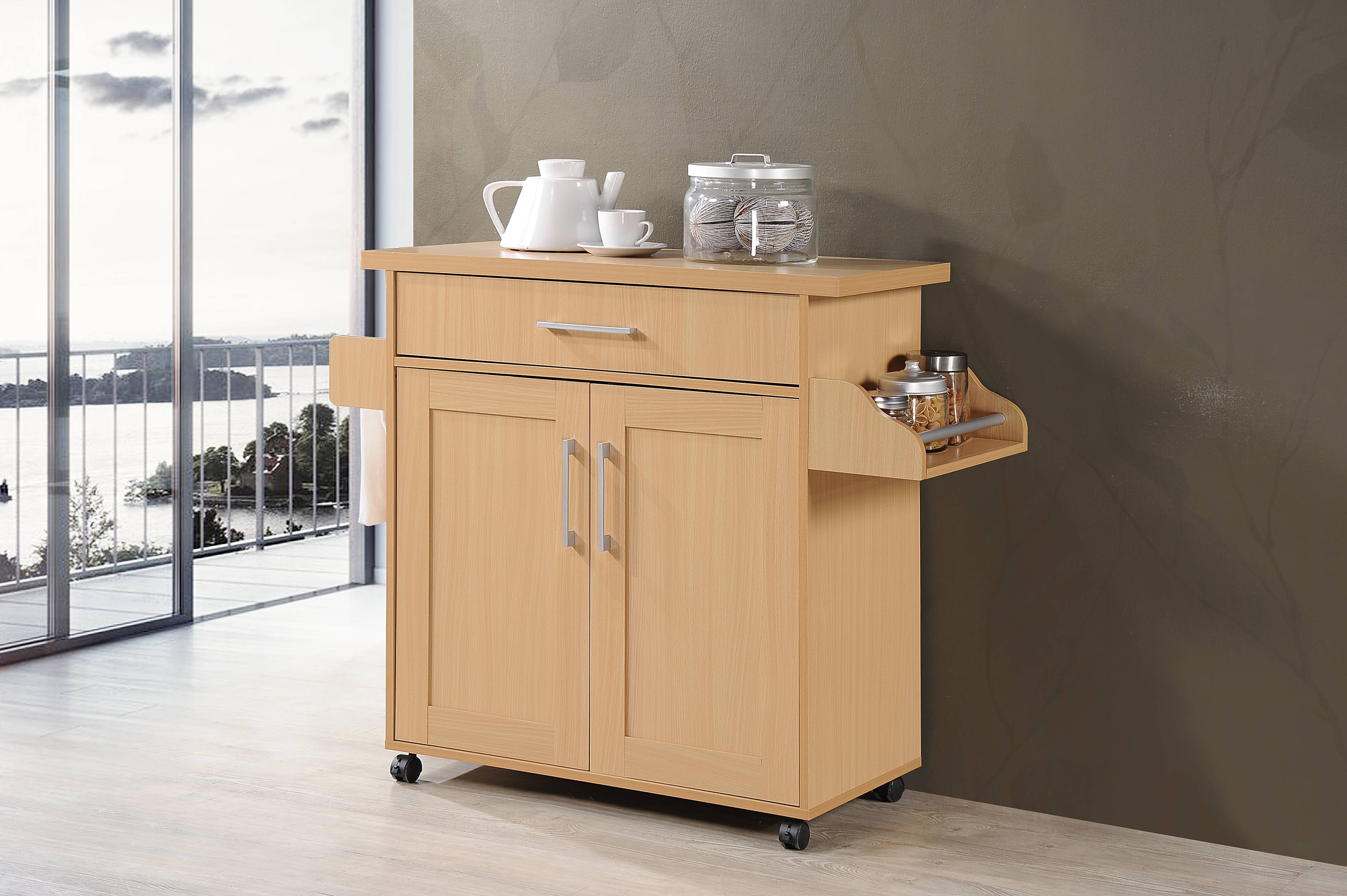Hodedah Kitchen Cart with Spice Rack plus Towel Holder, Beech