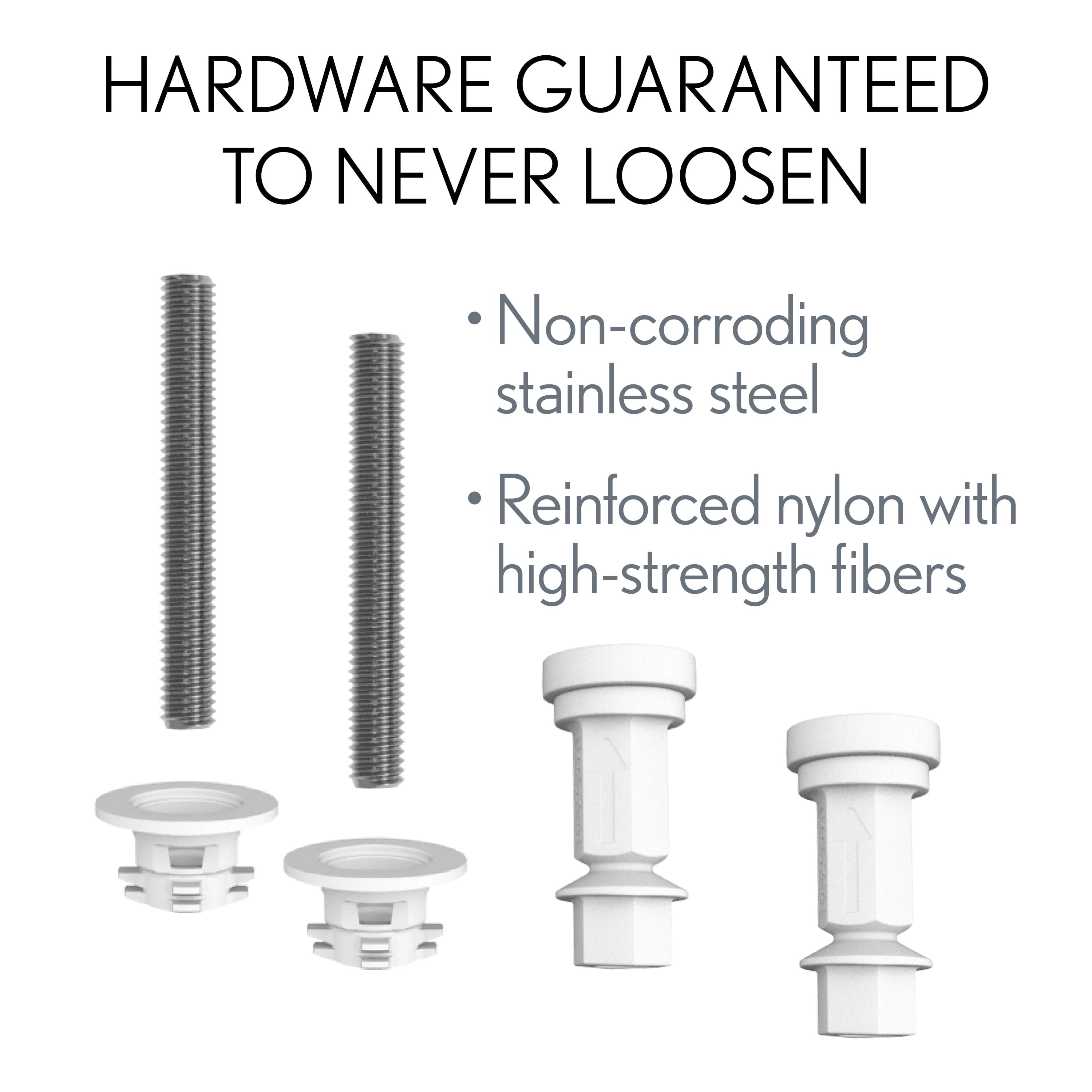 Mayfair Edgewater Round Enameled Wood Toilet Seat in White Never Looosens Brushed Nickel Metal Hinge