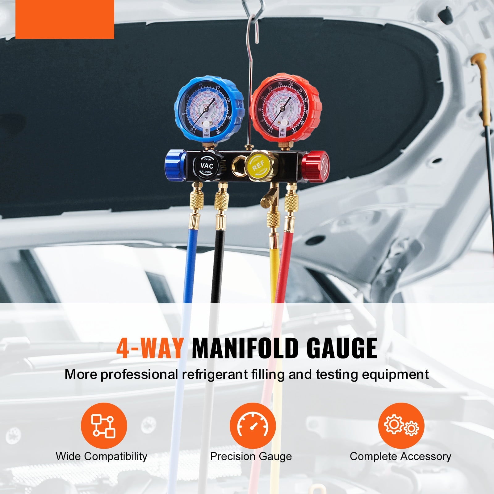 BENTISM 4-Way AC Manifold Gauge Set Fit R134A R22 R12 R502 Refrigeration Charging with Portable Case 4PCS Hoses for Air-Conditioning Refrigerator Maintenance