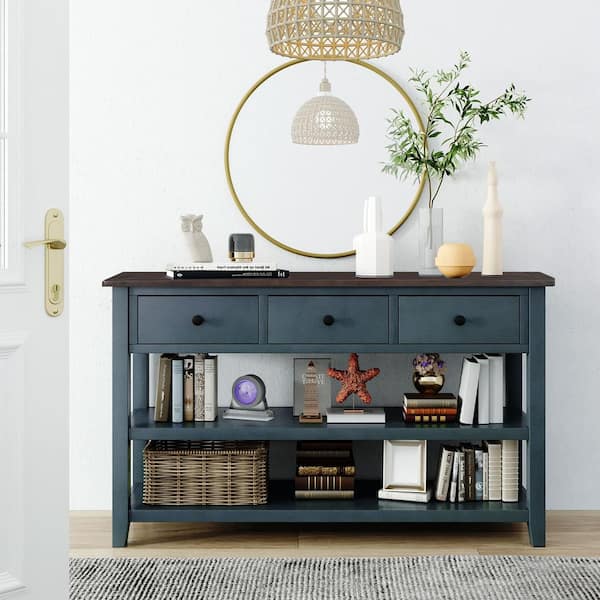 50 in.Navy Rectangle Wood Long Console Table with Drawers and 2-Tier Shelves, 3 Drawers Sofa Table Entryway Table