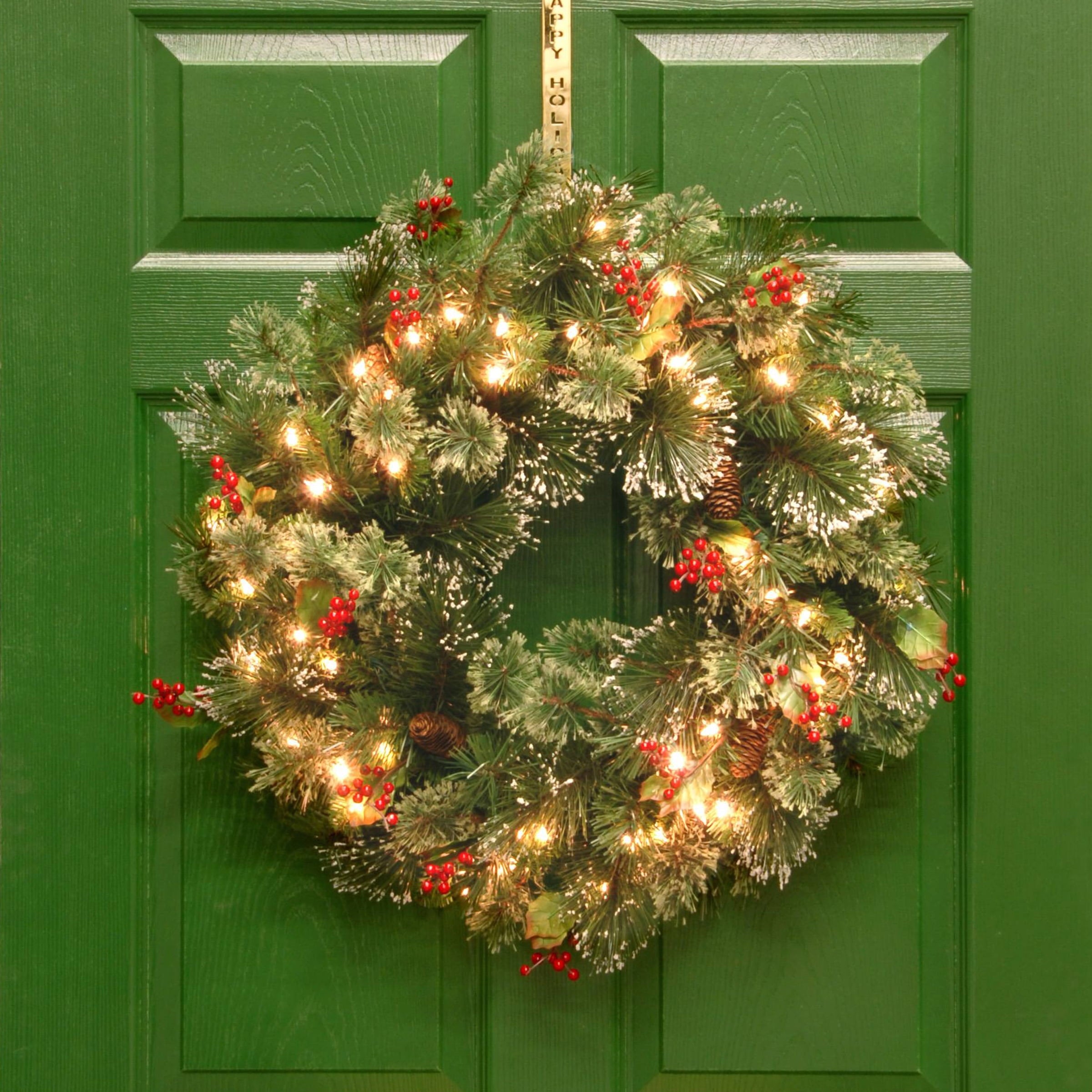 National Tree Company Pre-Lit Artificial Christmas Wreath, Green, Wintry Pine, White Lights, Decorated with Pine Cones, Berry Clusters, Frosted Branches, Christmas Collection, 24 Inches