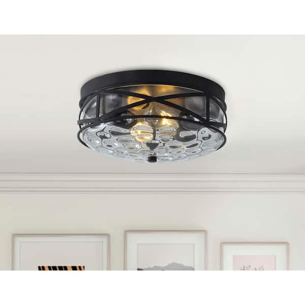 11.4 in. 2-Light Farmhouse Flush Mount Ceiling Light Fixture with Water Ripple Glass Shade