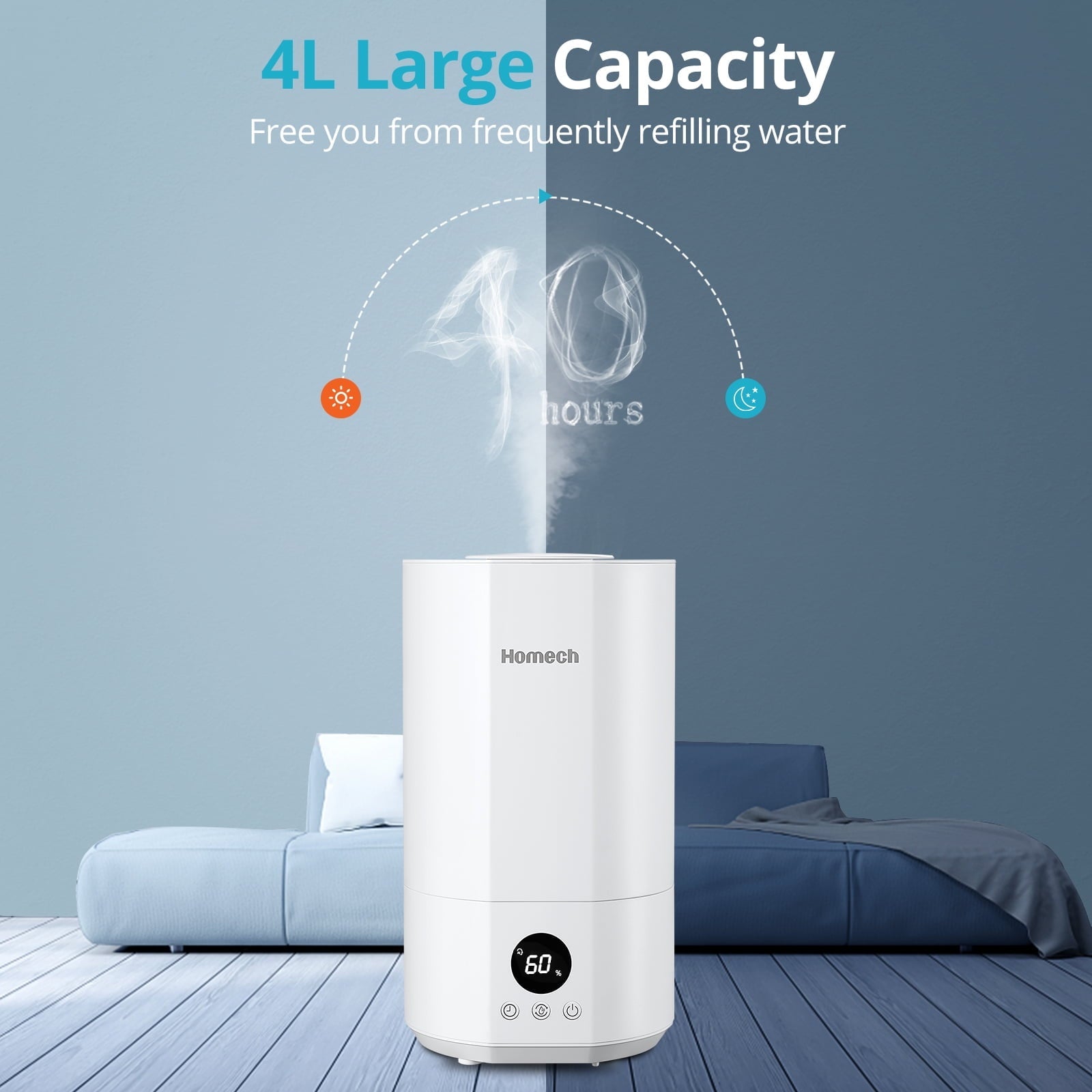 Homech Humidifier Top Fill(1 Gal/4L)Cool Mist Quiet Ultrasonic Air Humidifier with 12H Timer, AI Mode Adjustable 3 Mist Level, White