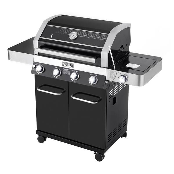 4-Burner Propane Gas Grill in Black with ClearView Lid, LED Controls, Side Burner and USB Light