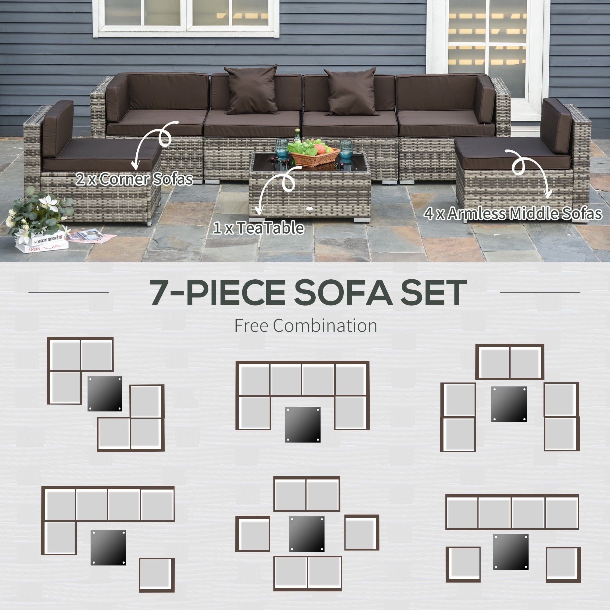 Outsunny 7pc Sectional Wicker Patio Furniture, Charcoal