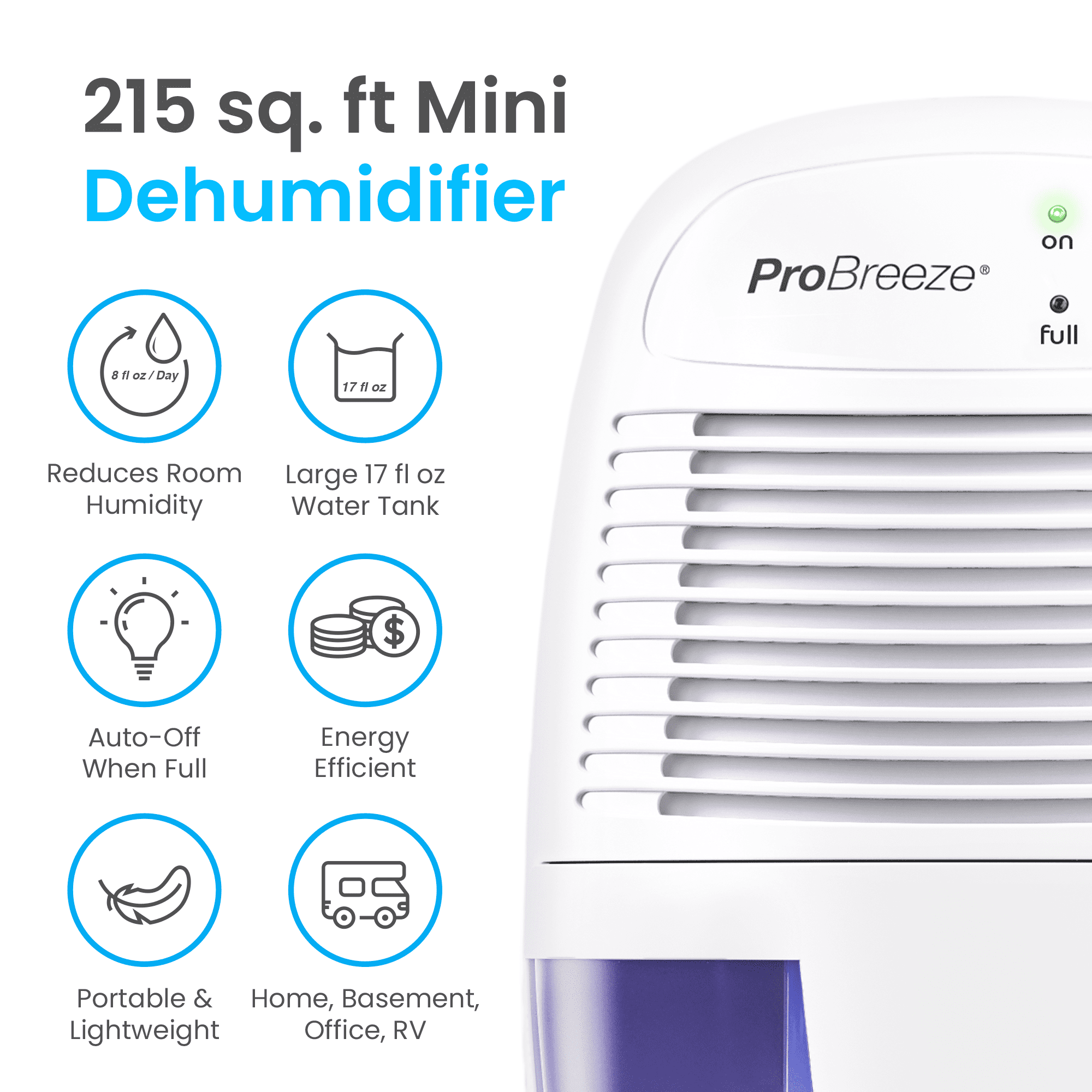 Pro Breeze 1 Pint Portable Dehumidifier for Small Rooms up to 215 sq. ft.