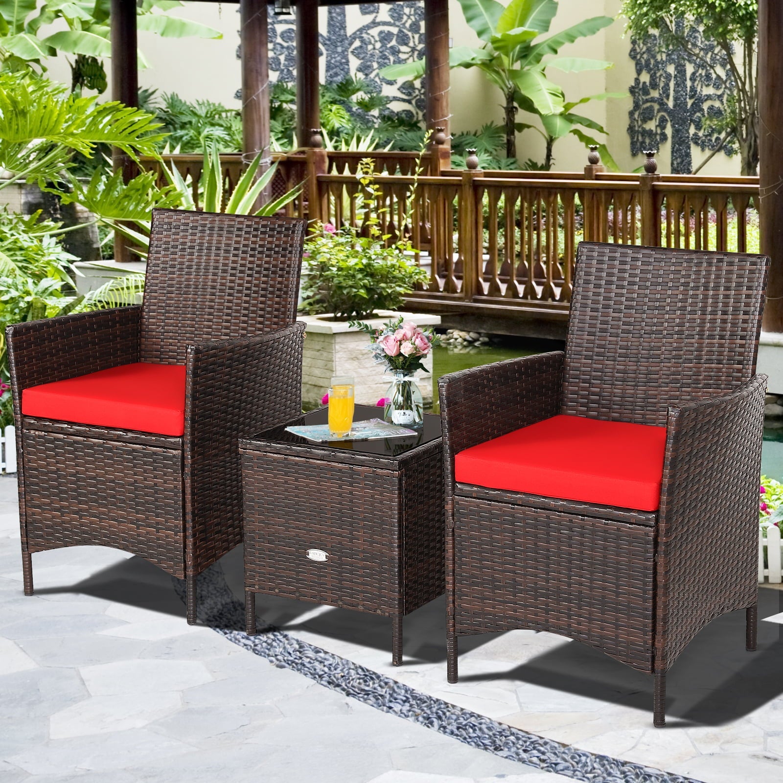 Patiojoy 3 Pieces Patio Rattan Conversation Furniture Wicker Chairs with Coffee Table & Cushions Red