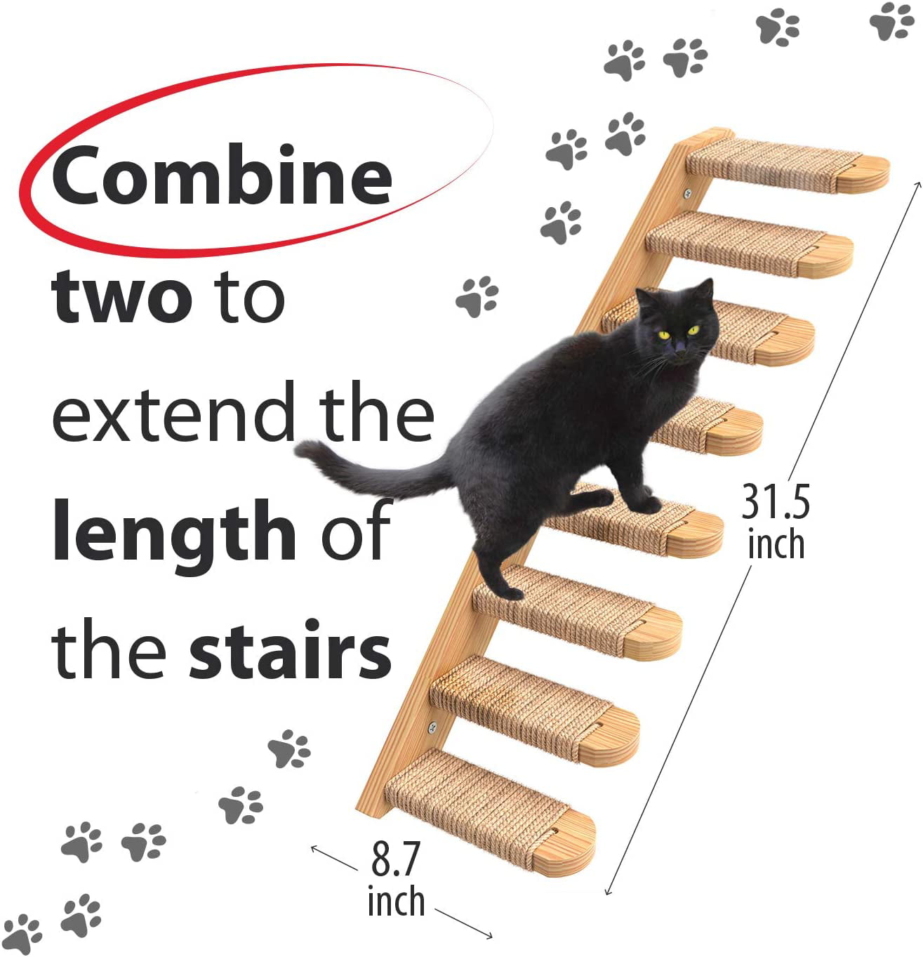 Skywin Cat Steps - Solid Rubber Wood Cat Stairs Great for Scratching and Climbing - Easy to Install Wall Mounted Cat Shelves for Playful Cats (Left Facing)