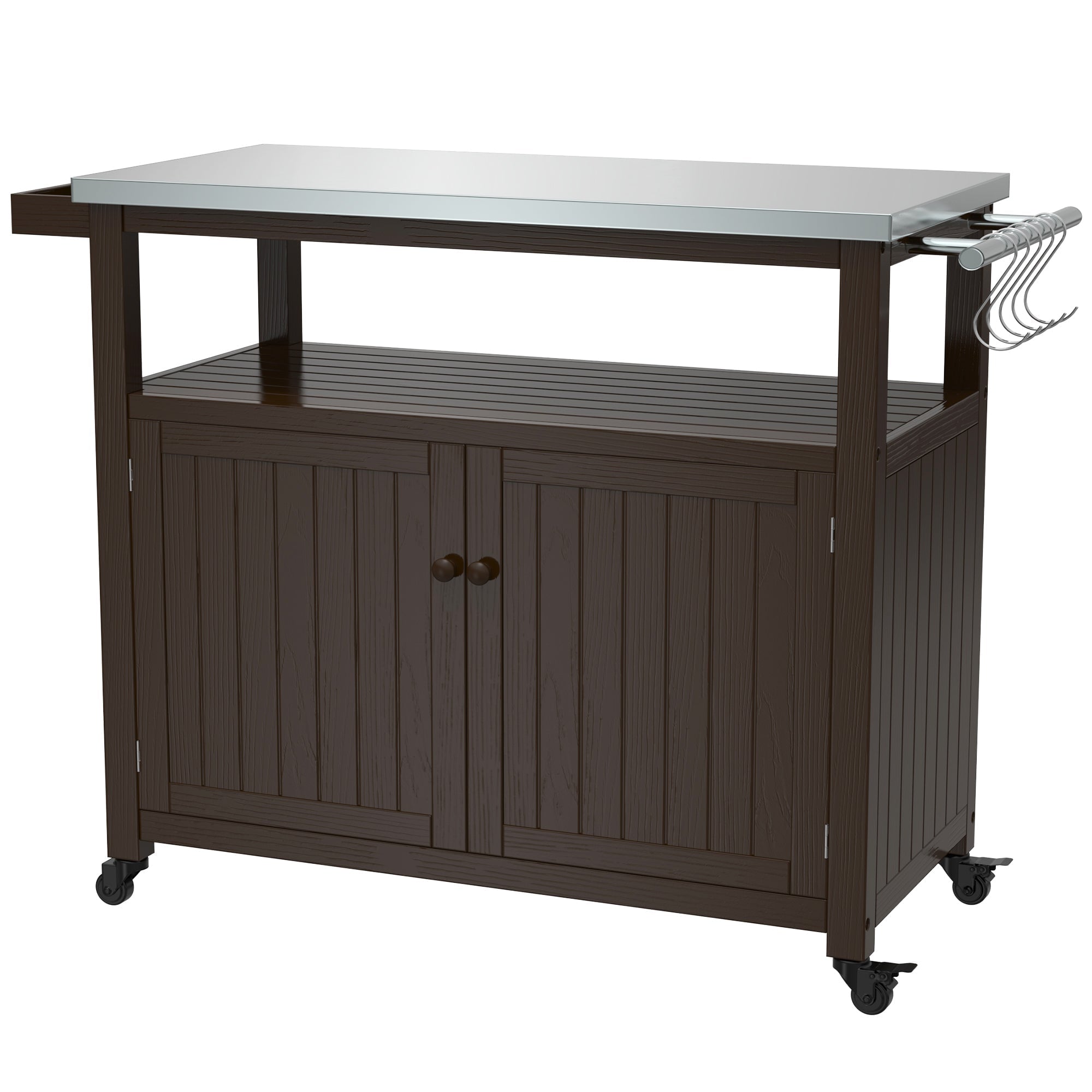 Prep Table Grill Station, Solid Wood Movable Dining Cart Table, Dark Brown