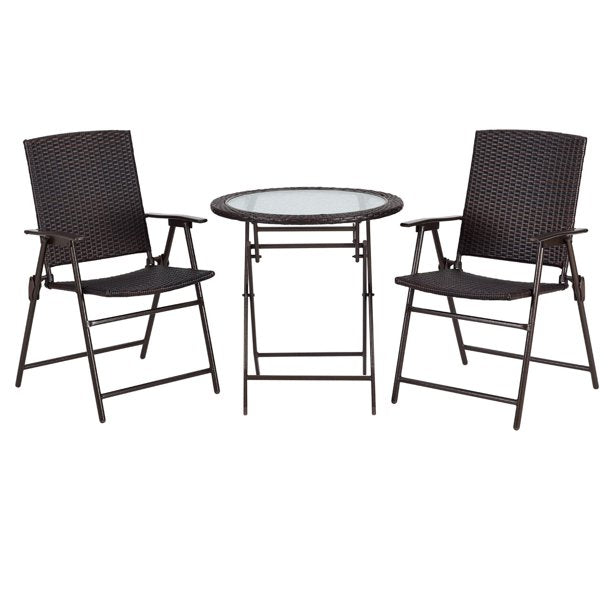 Ulax Furniture 3 Pieces Wicker Folding Bistro Set, Balcony Table and Chairs Sets, Garden Backyard Furniture