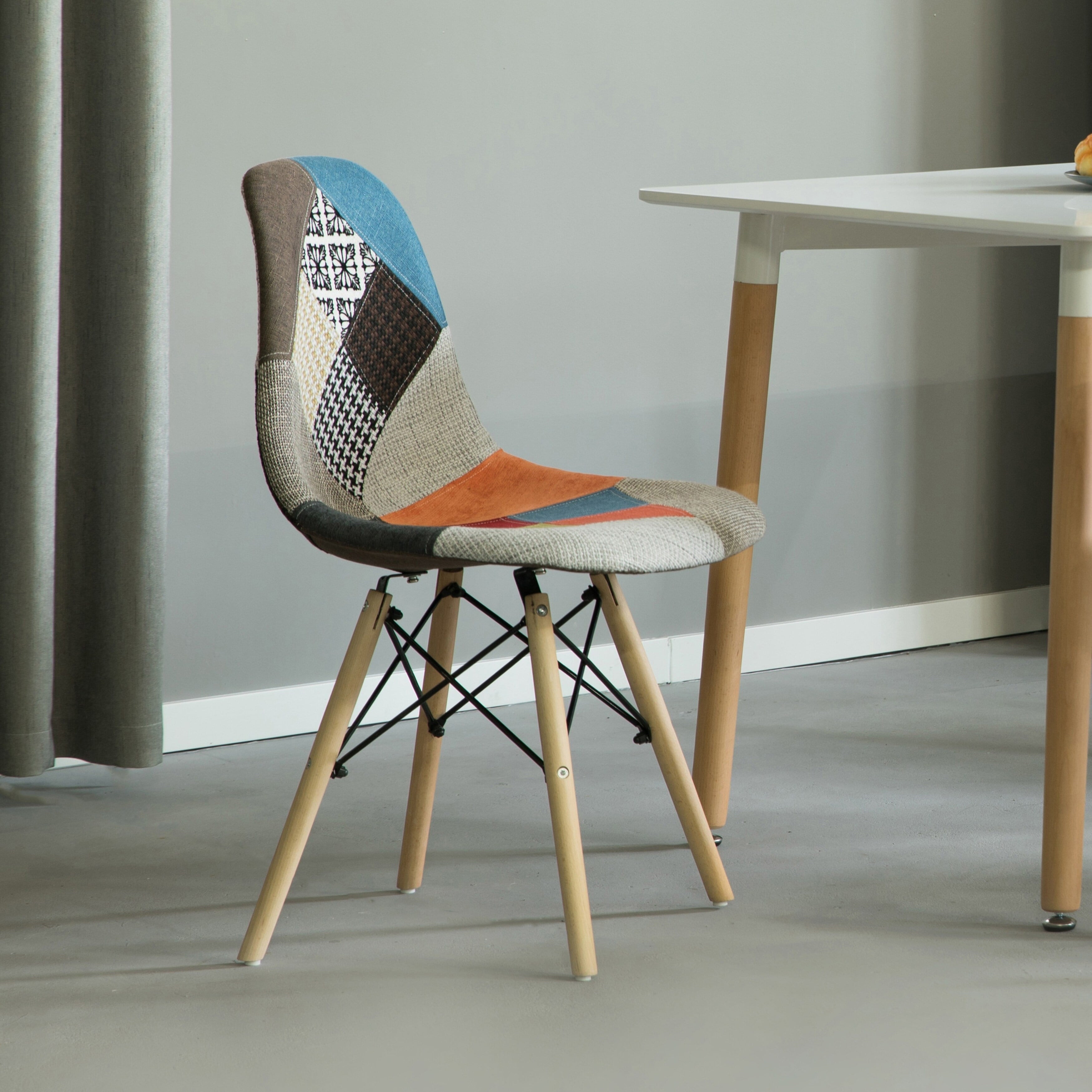 Mid-Century Modern Upholstered Plastic Multicolor Fabric Patchwork DSW Shell Dining Chair with Wooden Dowel Eiffel Legs