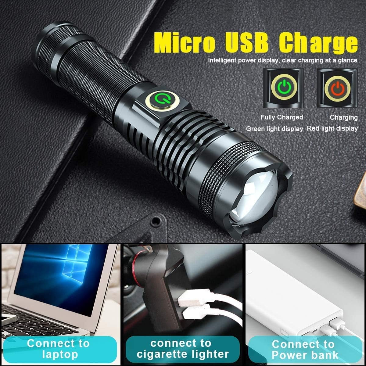 Rechargeable LED Flashlights High Lumens, Super Bright Tactical Handheld Flash Light, 5 Modes, Zoomable, Waterproof, Long Lasting, for Camping, Hiking, Emergencies