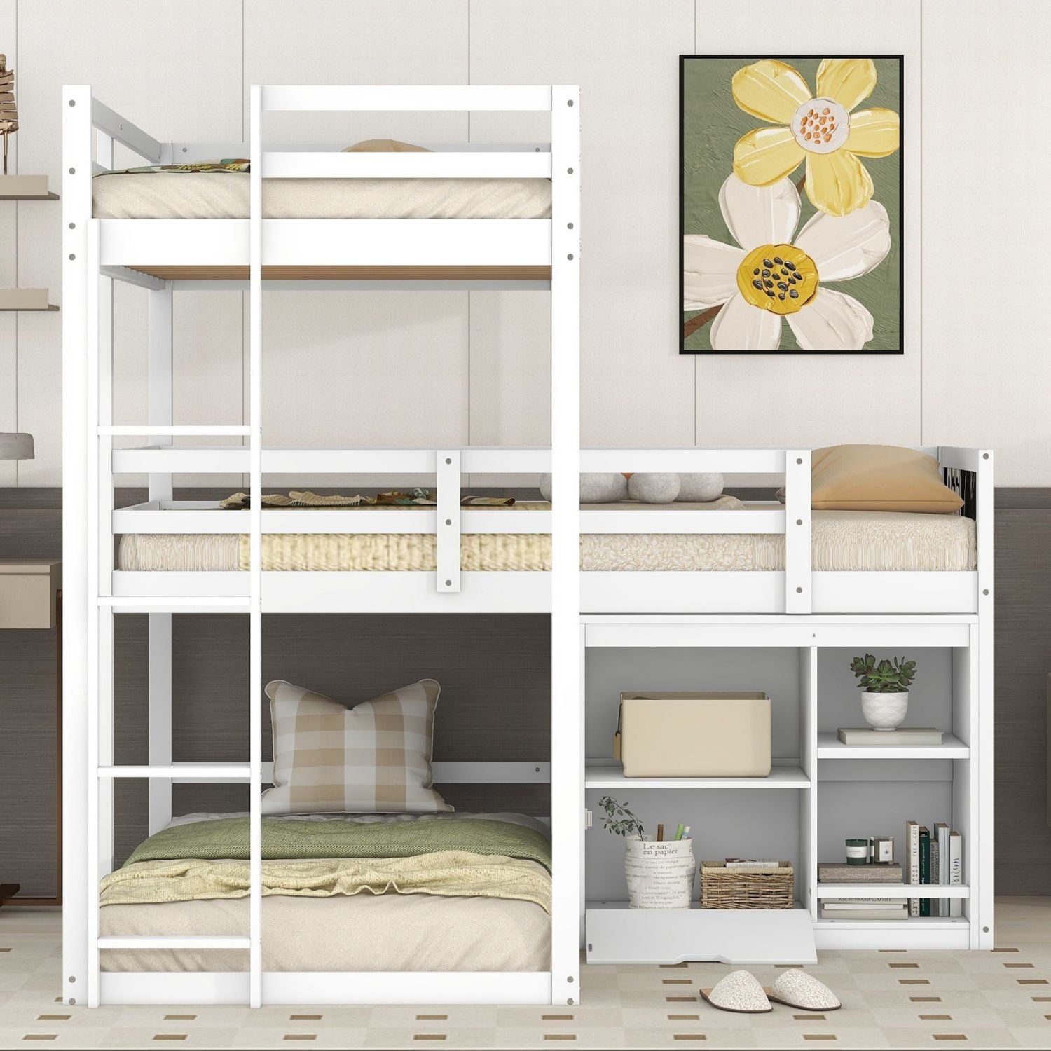 Triple Bunk Beds, L-Shaped Triple Beds with Storage Cabinet & Blackboard, Solid Wood Bunk Beds Frame with Full-length Guardrails & Built-in Ladder for Kids, Teens, 3 Beds in 1, Twin/Twin/Twin, White