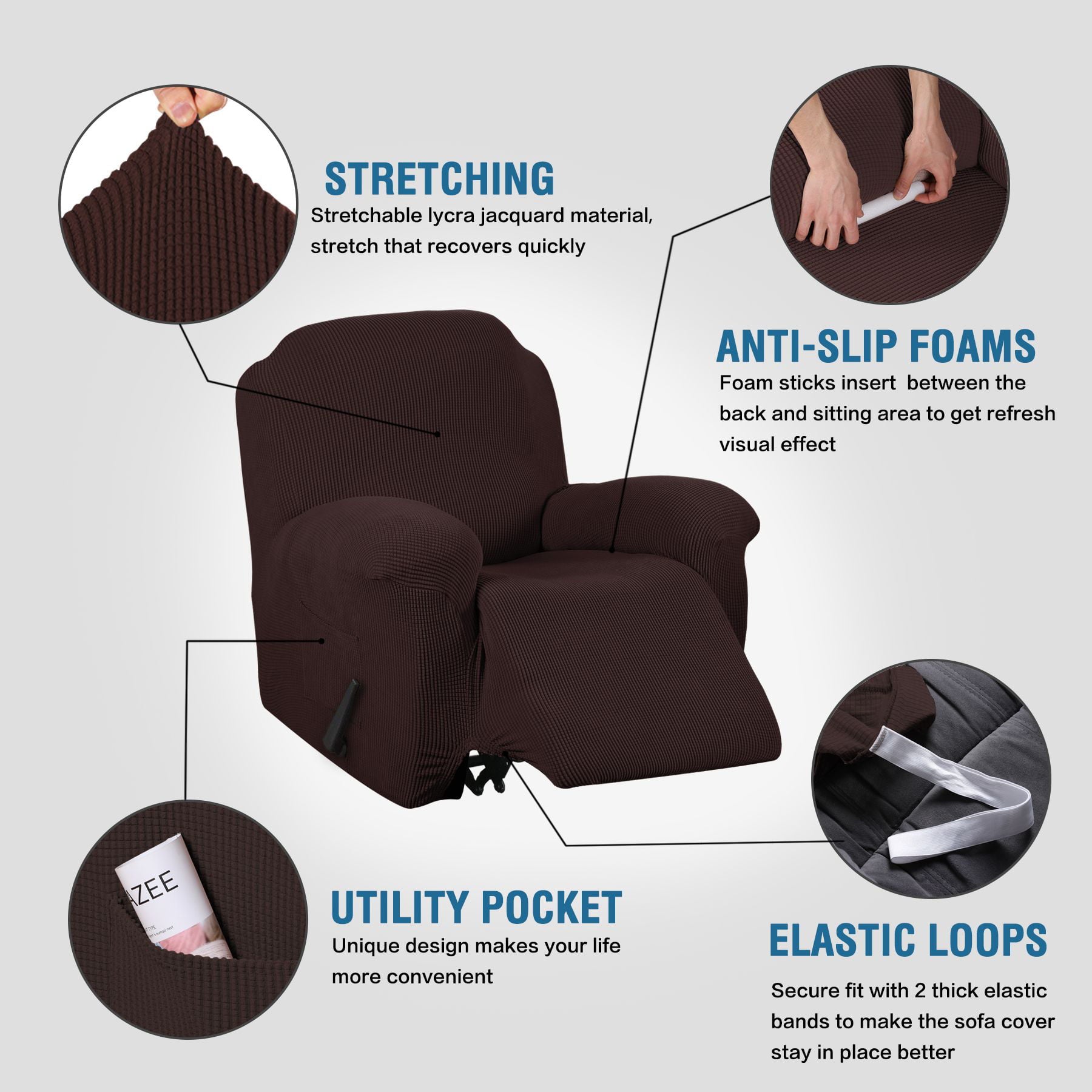 H.VERSAILTEX Stretch Fabric Solid Jacquard Recliner Slipcover, Brown