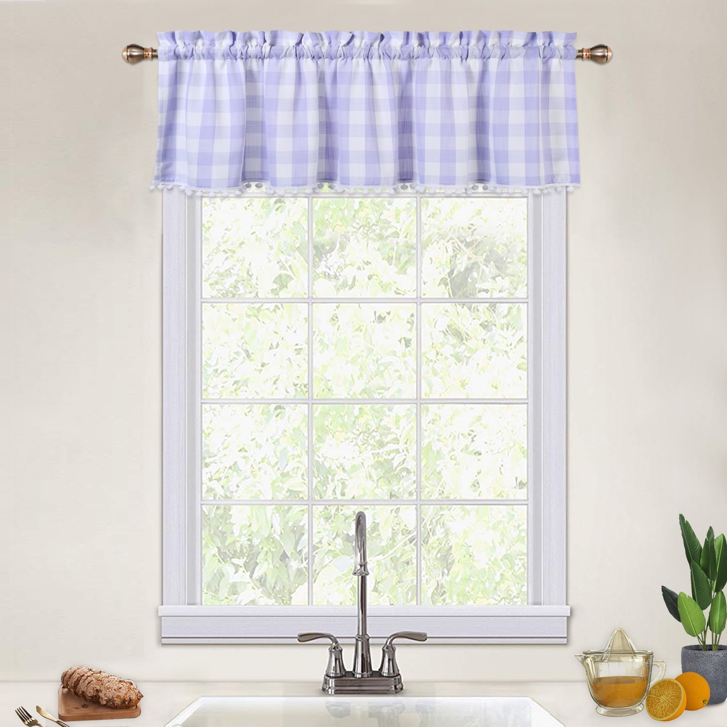 DSstyles Grey Buffalo Plaid Valances for Kitchen, Buffalo Check Gingham Pom Pom Valance Curtains for Windows Cafe Curtains Bathroom Window Curtains, 52x15 in