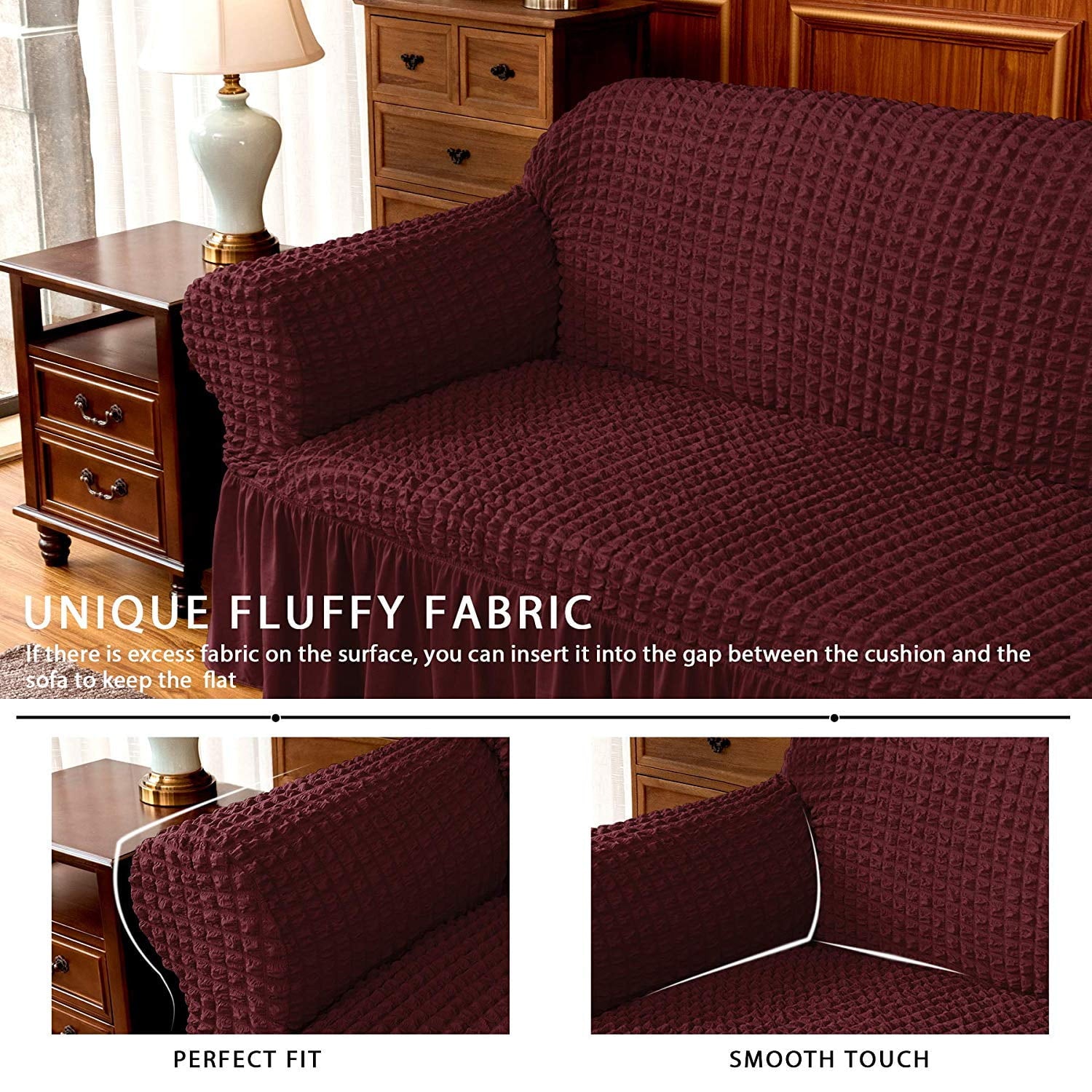 Subrtex Stretch 1-Piece Pleated Ruffled Skirt Sofa Slipcover, Wine