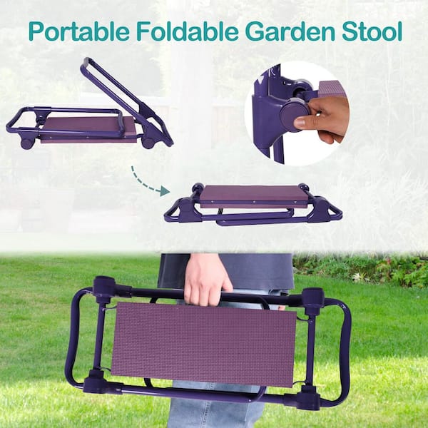 Garden Kneeler and Seat with 2 Tool Bags Pouches, Foldable Garden Stool with EVA Foam Kneeling Pad, Medium, Purple