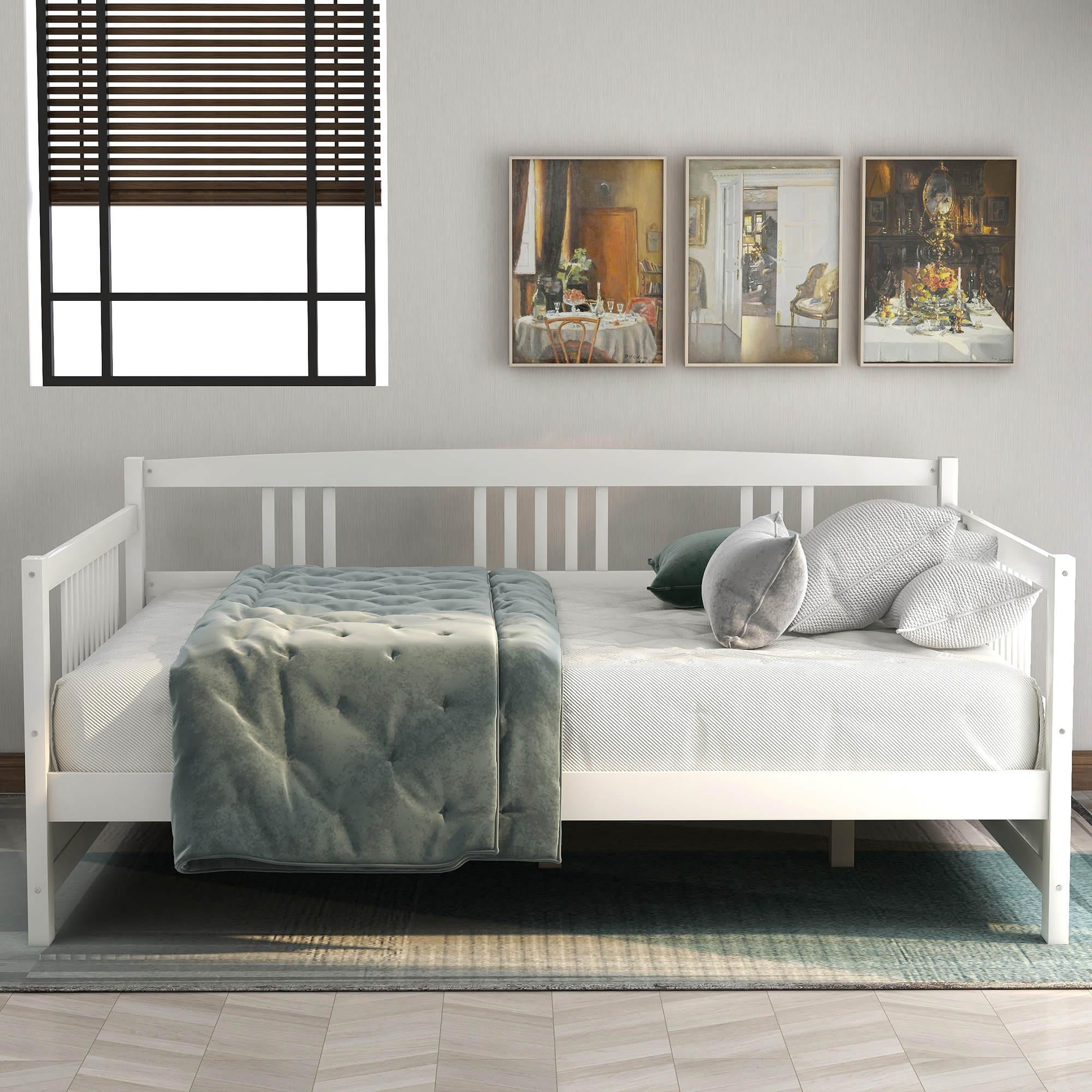 Full Size Daybed, Wooden Daybed Frame, Multi-Functional Sofa Bed Daybed for Kids/Teens Bedroom/Guest Room, Wood Slat Support, No Box Spring Required, White