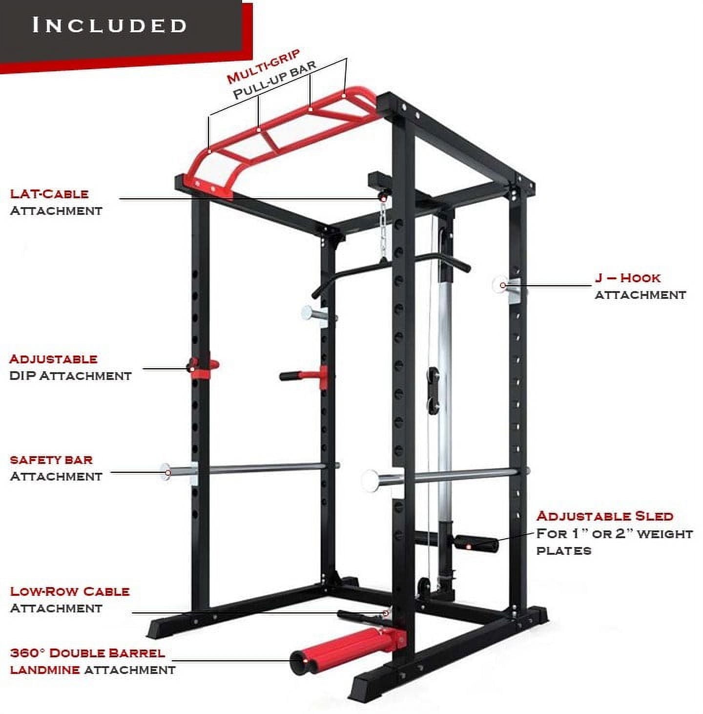 SPARTAN 1500 Lb. Capacity Exercise Power Cage Rack with Lat pull down, J-hook, Pulley system, Squat Rack with Landmine and Safety Bar