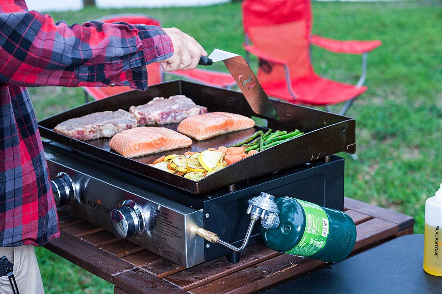 Tabletop Grill - 22 Inch Portable Gas Griddle - Propane Fueled - 2 Adjustable Burners - Rear Grease Trap - For Outdoor Cooking While Camping, Tailgating or Picnicking - Black