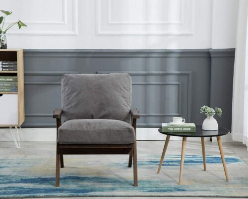 Mid Century Modern Accent Armchair Grey Fabric Upholstery Solid Wood Frame
