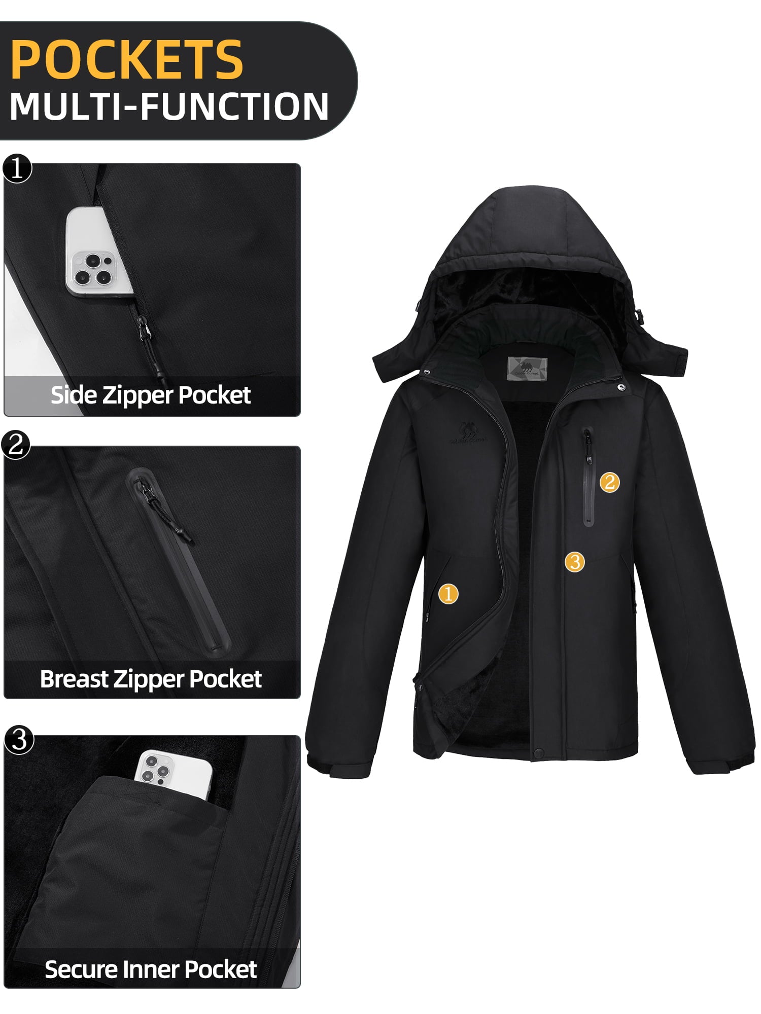 Golden Camel Men's Ski Jacket Windproof Winter Coat with Hood