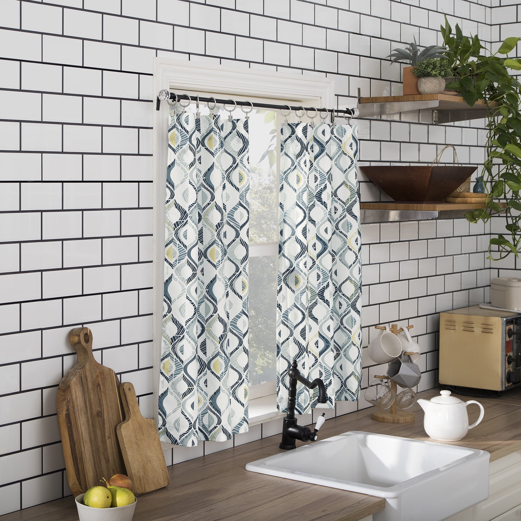 Mainstays Beckham Geometric Semi-Sheer Rod Pocket Kitchen Curtains in White, Adult