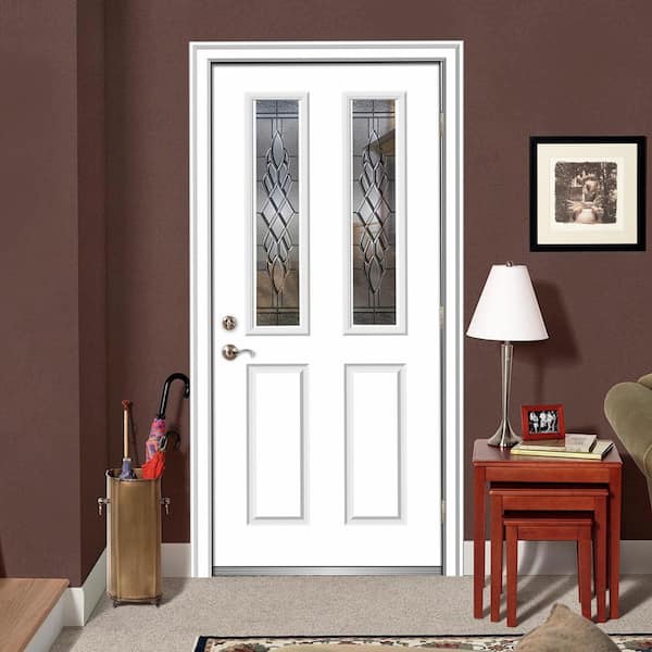 30 in. x 80 in. Grace Left-Hand Inswing 2-Lite Decorative 2-Panel Primed Steel Prehung Front Door, 4-9/16 in. Frame