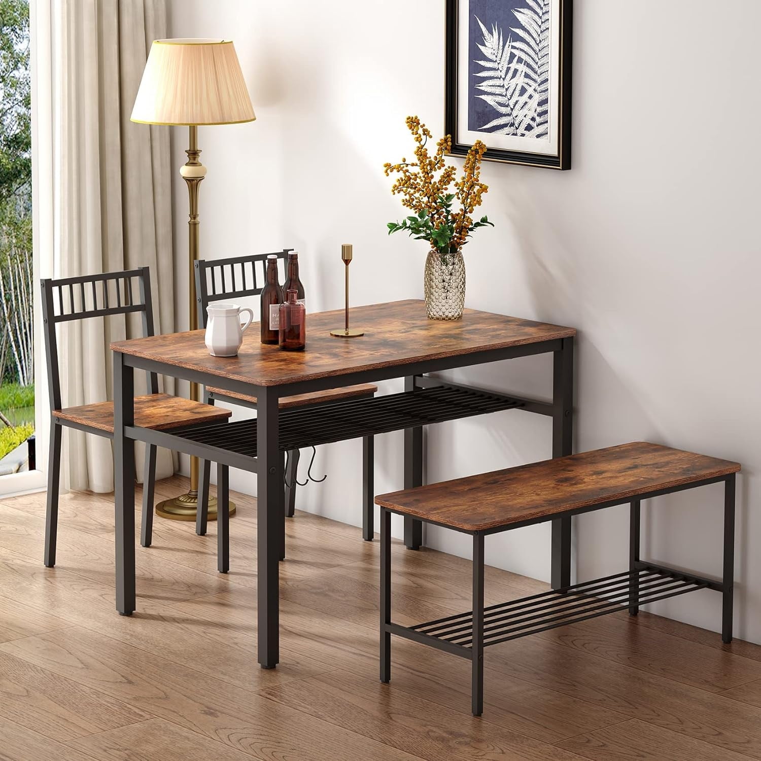 Winkalon Dining Table Set for 4,Wooden Kitchen Table Set with Storage Rack,1 Bench & 2 Chairs,Brown