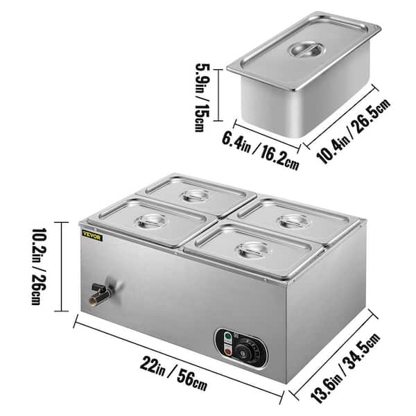 6 in. Deep Commercial Food Warmer 4 x 1/4GN 4-Pan Stainless Steel Bain Marie Steam Table 14.8 Qt. 1500Watt