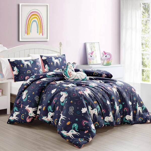 4 Piece Twin Size Bedding Comforter Set, Ultra Soft Polyester Elegant Bedding Comforters--Navy with Magic Unicorn