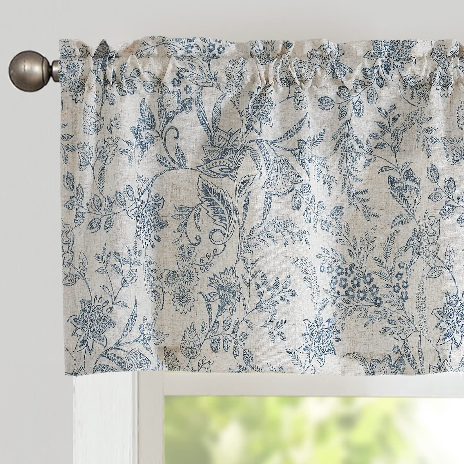 CURTAINKING Farmhouse Linen Valance Curtains for Kitchen Floral Rustic Rod Pocket Living Room Bedroom Small Window Valance 16 Inch Blue on Beige