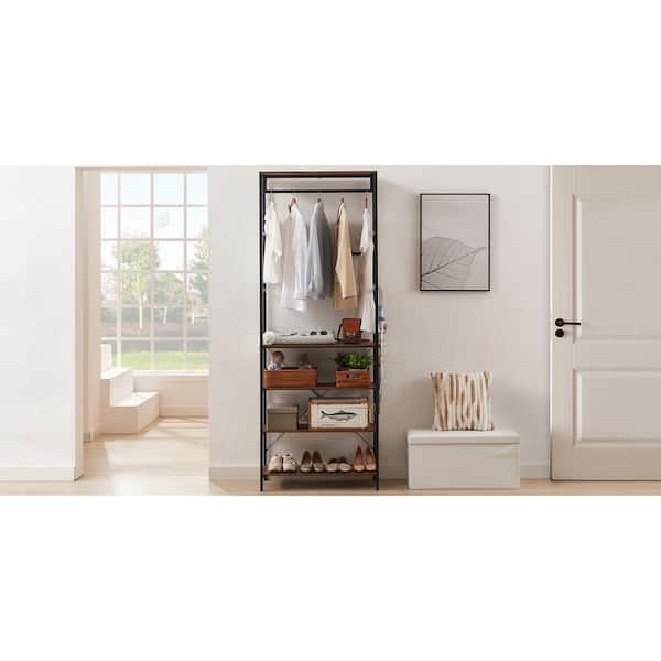 Coat Rack, Hall Tree with 4-Tier Shoe Rack and Hanging Rod Functional Accent Furniture Metal Frame Entryway Organizer