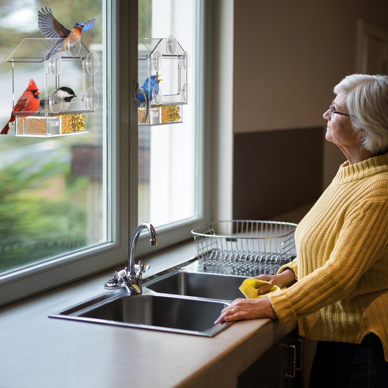 NIUBEE Window Hummingbird Feeder with 5 Strong Suction Cups, Clear Acrylic Bird Feeder for Outside- Slide Removable Tray, Bird Feeders Window Mount for Cat, Kid, Elderly Viewing Cardinal, Wild Birds