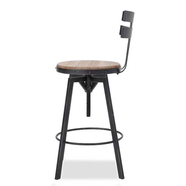 Frontage Adjustable 38.25-44.25 in. Natural and Black Brushed Silver Swivel Bar Stool (Set of 2)