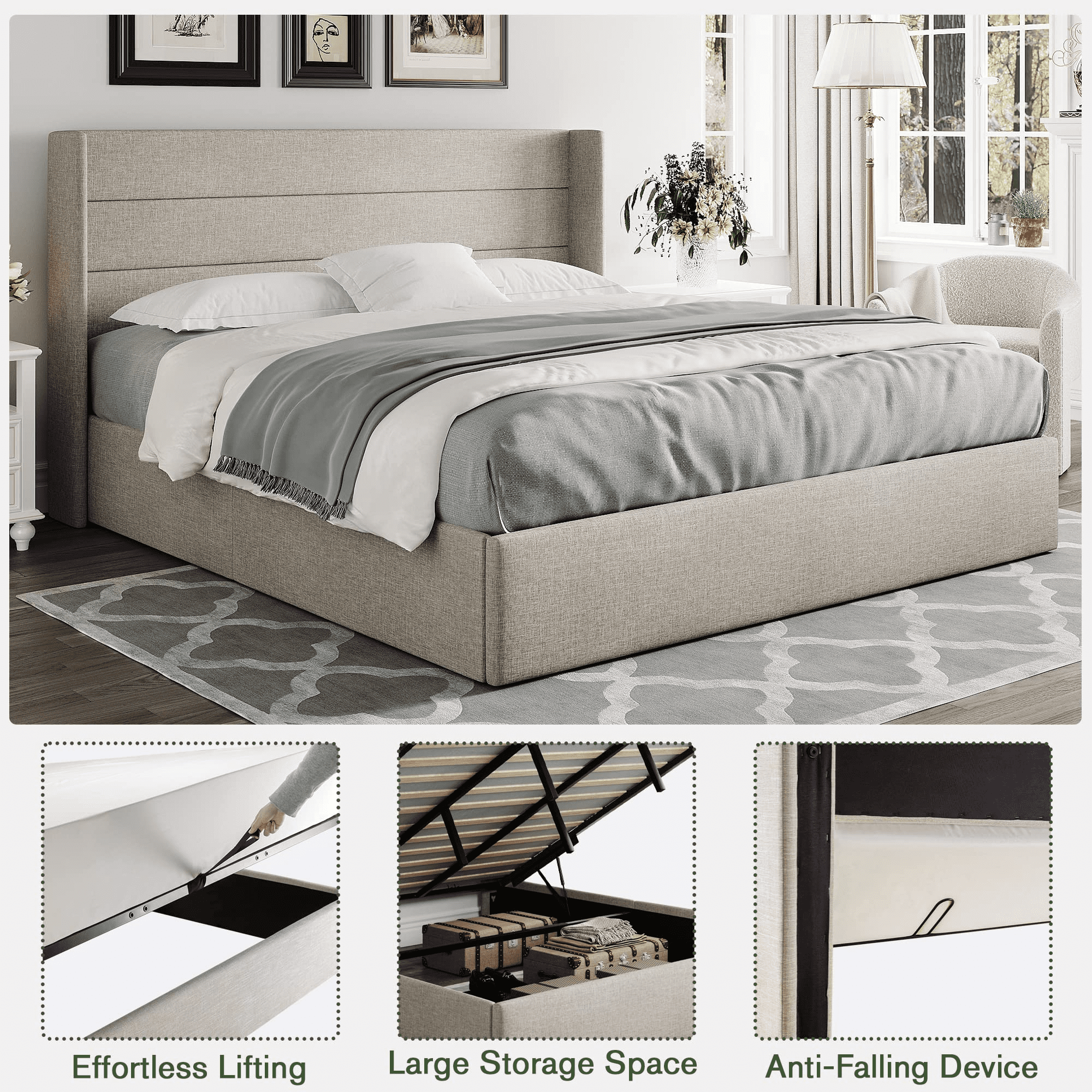 Einfach King Size Lift up Storage Bed with Wingbacks and Horizontal Channel Headboard, Beige