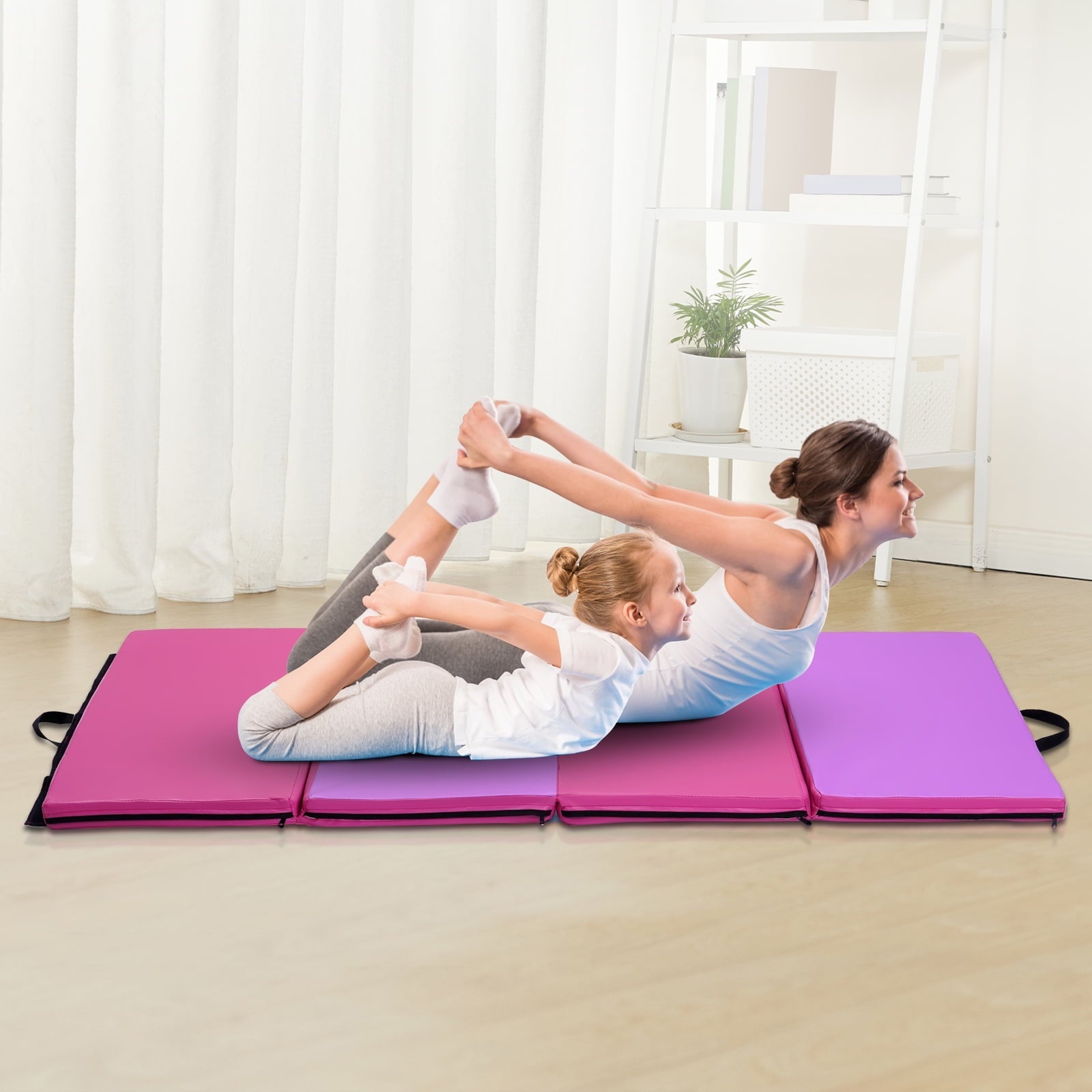 Ainfox 3'x6'x2’ Folding Exercise Mats, Gymnastics Tumbling Mats, Aerobics Stretching Yoga Mat, Pink and Purple