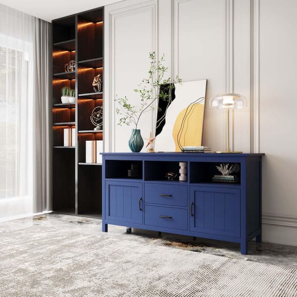18 in. Navy TV Stand Fits TV's up to 68 in. with 2 Doors and 2-Drawers Open Style Cabinet, Sideboard for Living room