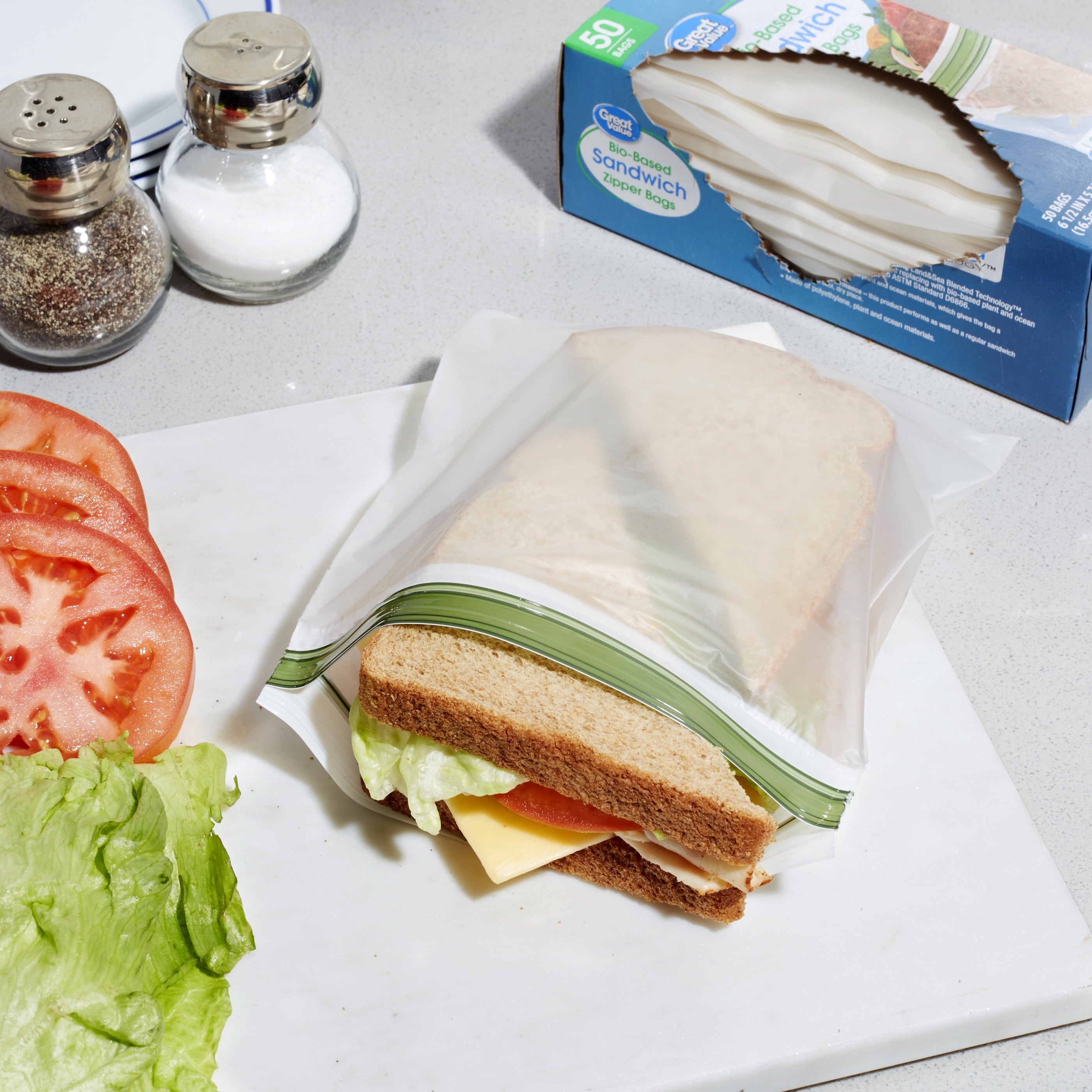 Great Value Reclosable Sandwich Bags, Made with Bio-Based Materials, 50ct