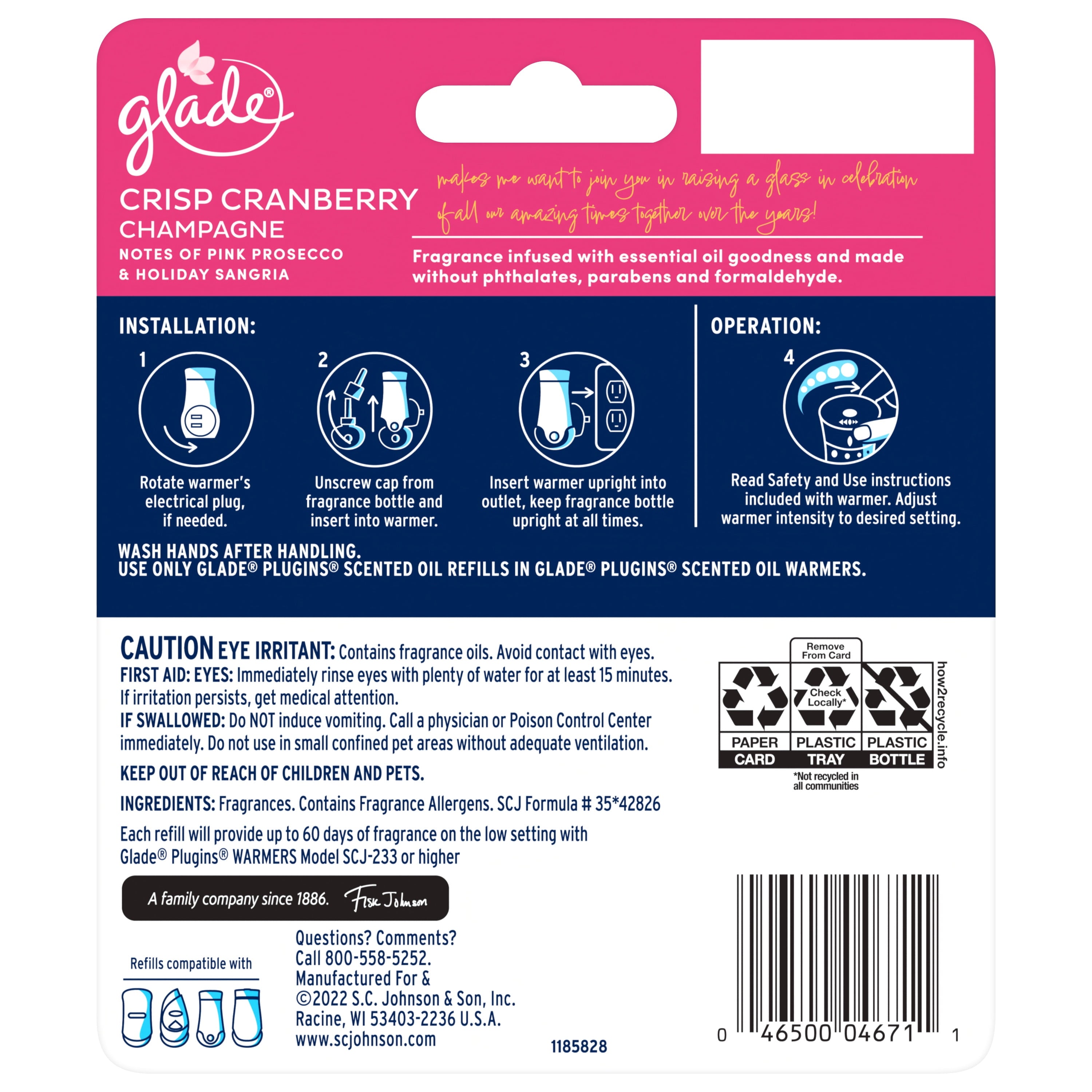 Glade PlugIns Scented Oil, 2 Refills, Crisp Cranberry Champagne, 0.67oz each, 1.34 oz Total
